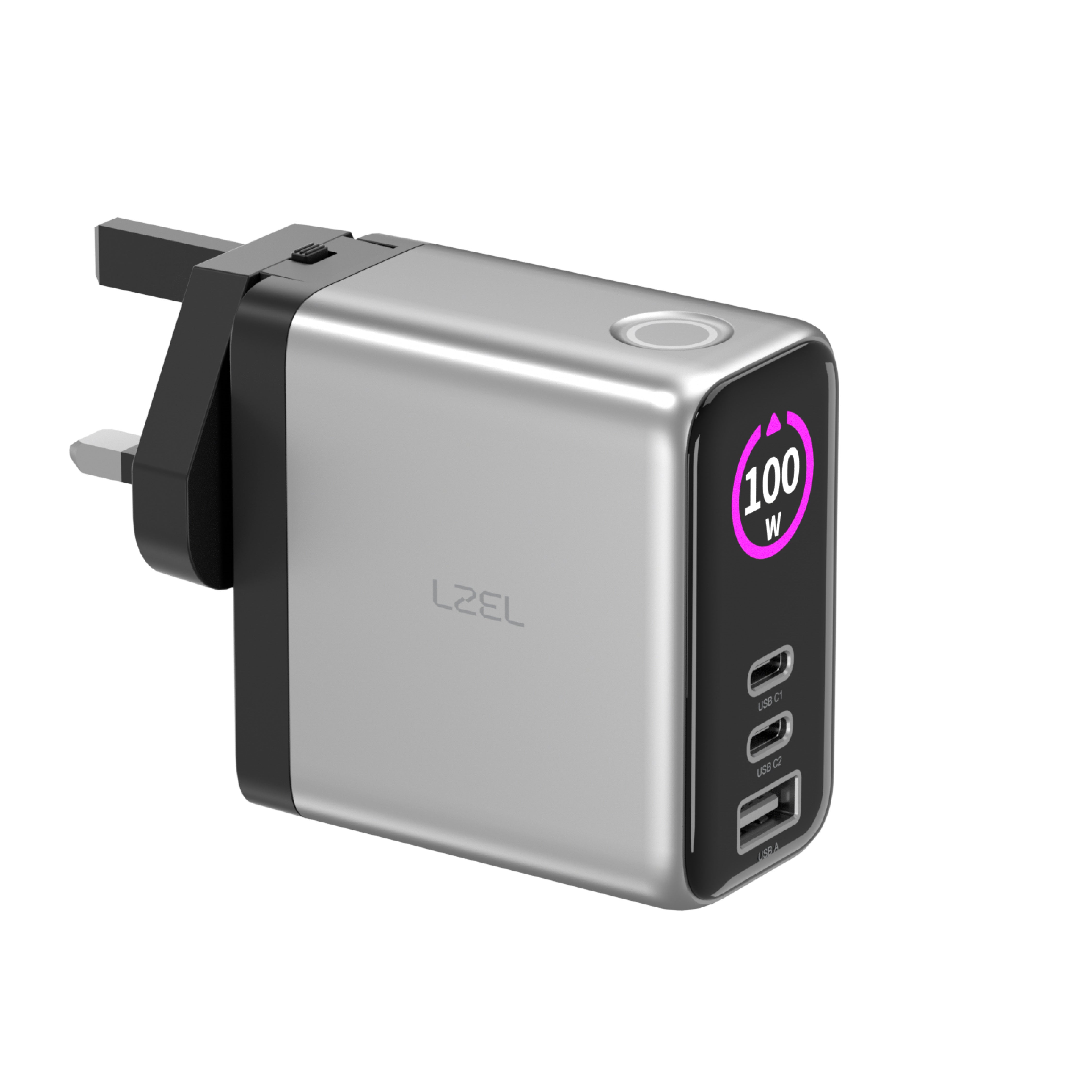 LZEL 100W GaN Travel Charger with 3-Port PD Digital Display & UK/EU/AU Plugs | Silver/Black LZEL 100W GaN Travel Charger with 3-Port PD Digital Display & UK/EU/AU Plugs | Silver/Black